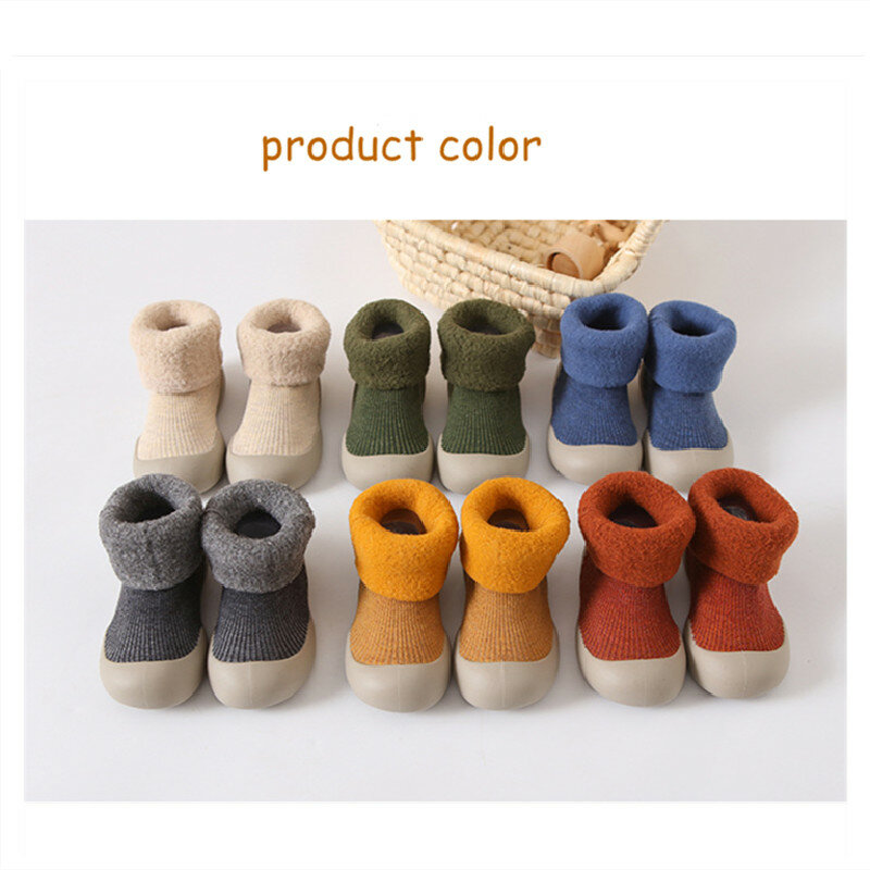 Zapatos de calcetines de invierno para niños, botas de suela blanda, zapatos antideslizantes para recién nacidos, suelo grueso de rizo para interiores