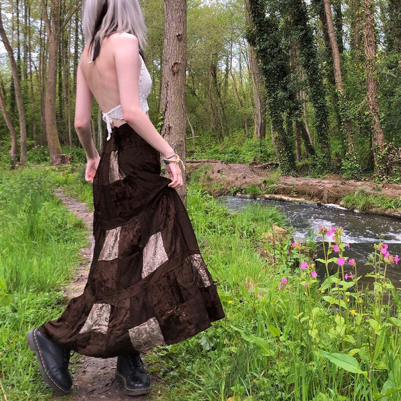 Hirigin Y2k Vintage Nâu Miếng Dán Cường Lực Váy Dài In Đời Boho Grunge Fairycore Retro Xếp Ly Váy Đáng Ngày Lễ Nữ Dạo Phố