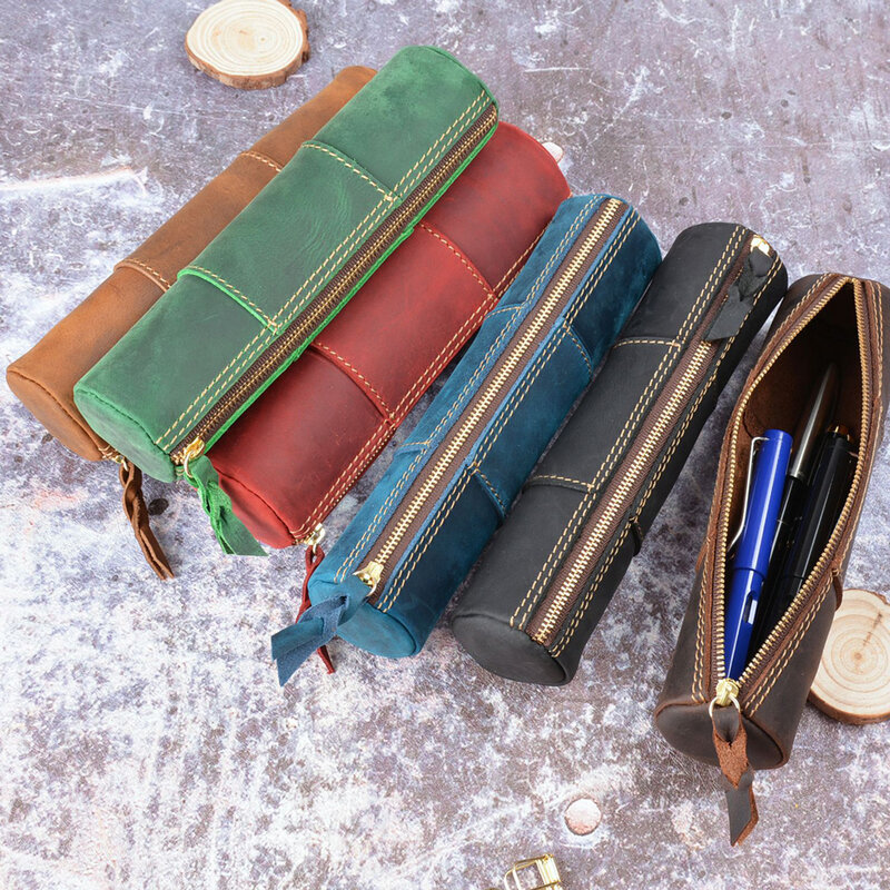 Bleistift Tasche Pouch mit Zipper Stift Halter Handgemachte Echte Vintage Leder Stationäre Fall für Studenten Geschäftsleute Künstler Büro
