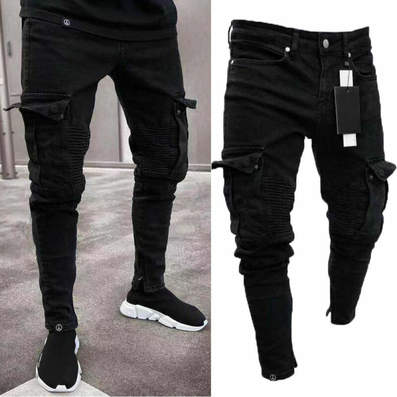 Pantalones vaqueros largos rasgados para hombre, Jeans ajustados elásticos rotos, color negro