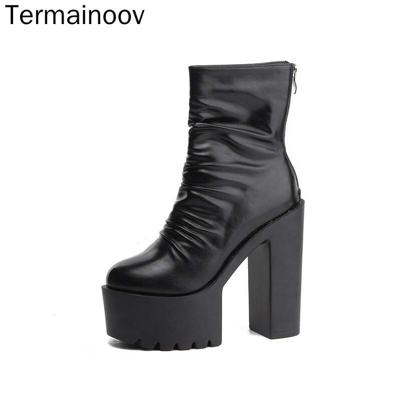 Termainoov-Botas de tacón alto para mujer, botines de tacón alto, plataforma gruesa, impermeable, punta redonda, zapatos cortos con cremallera, para invierno