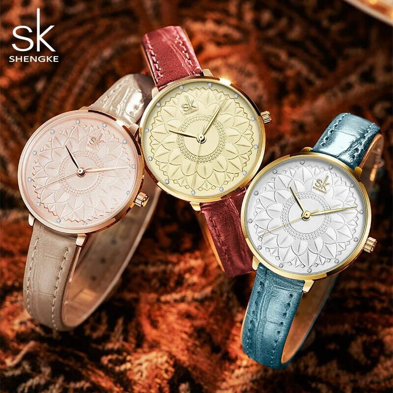 Relógios femininos de luxo diamante flores superfície quartzo relógios de pulso para mulher couro fino grande dial relógio esporte senhoras reloj mujer