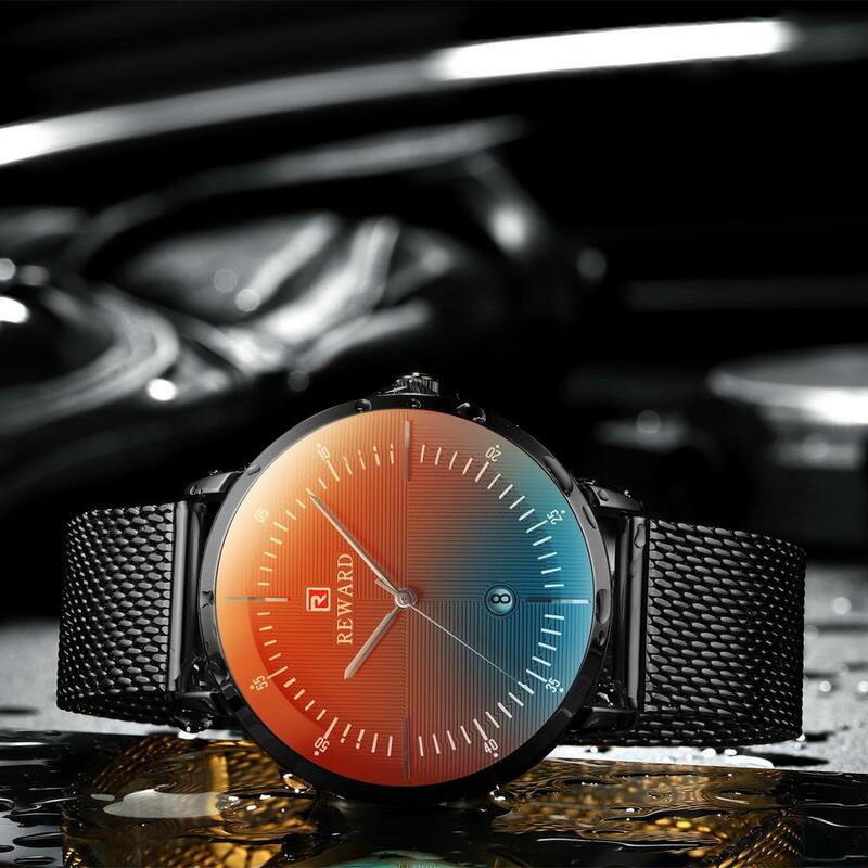Relógio masculino à prova d'água com pulseira preta, relógio de homens à prova d'água com pulseira de vidro brilhante que muda de cor