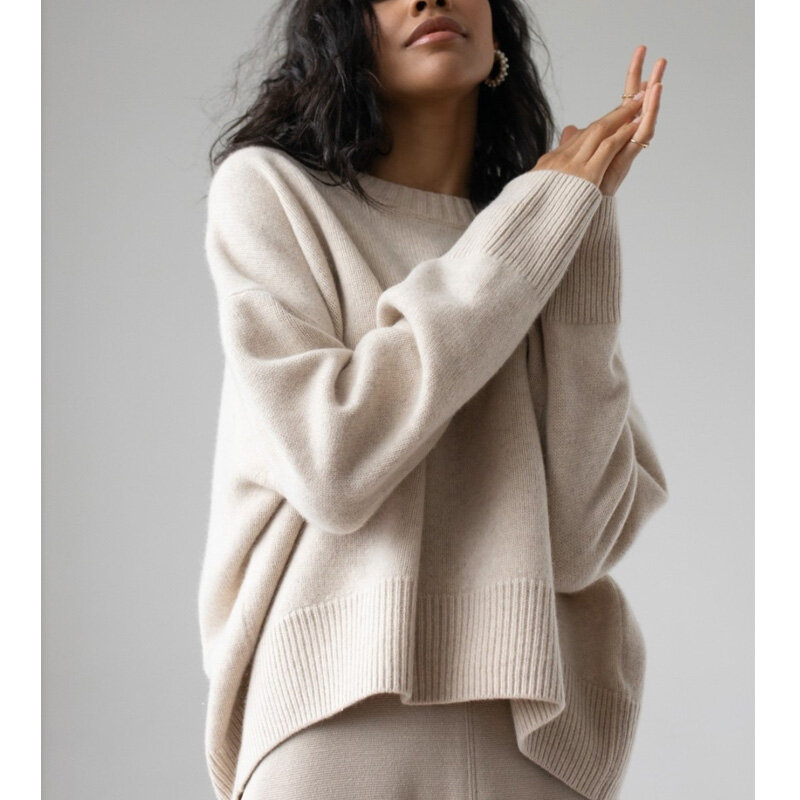 Pull tricoté à manches longues pour femme, élégant, solide, chaud, col rond, ample, automne 2020