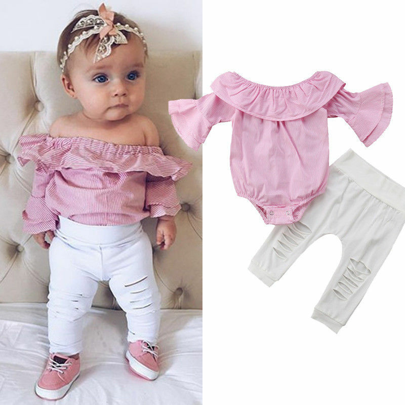 Conjunto de ropa de 2 piezas para niñas, Pelele con hombros descubiertos y pantalones vaqueros rasgados blancos, conjuntos de ropa para recién nacidos, color rosa