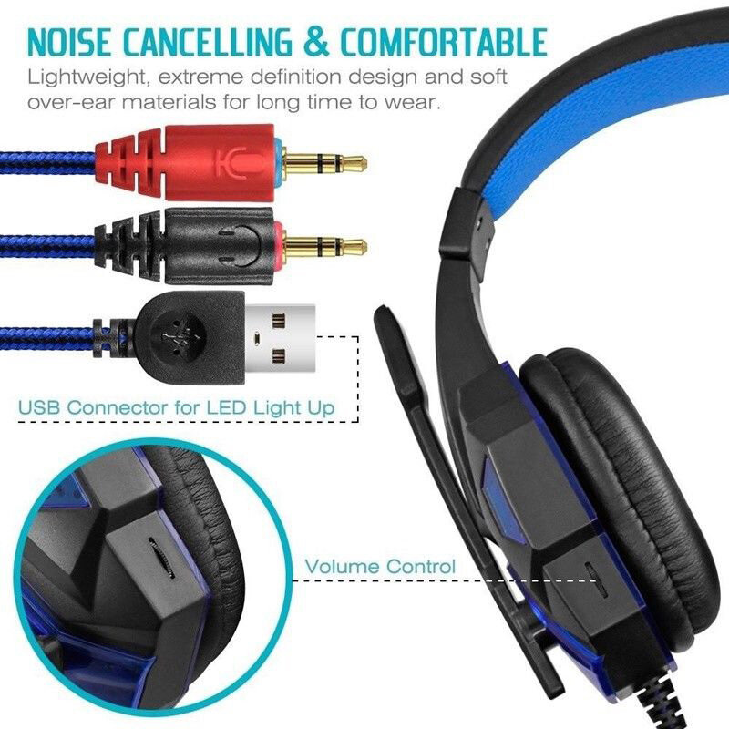 Auriculares luminosos para videojuegos, audífonos estéreo con reducción de ruido, montados en la cabeza, 3,5mm, ligeros, con micrófono