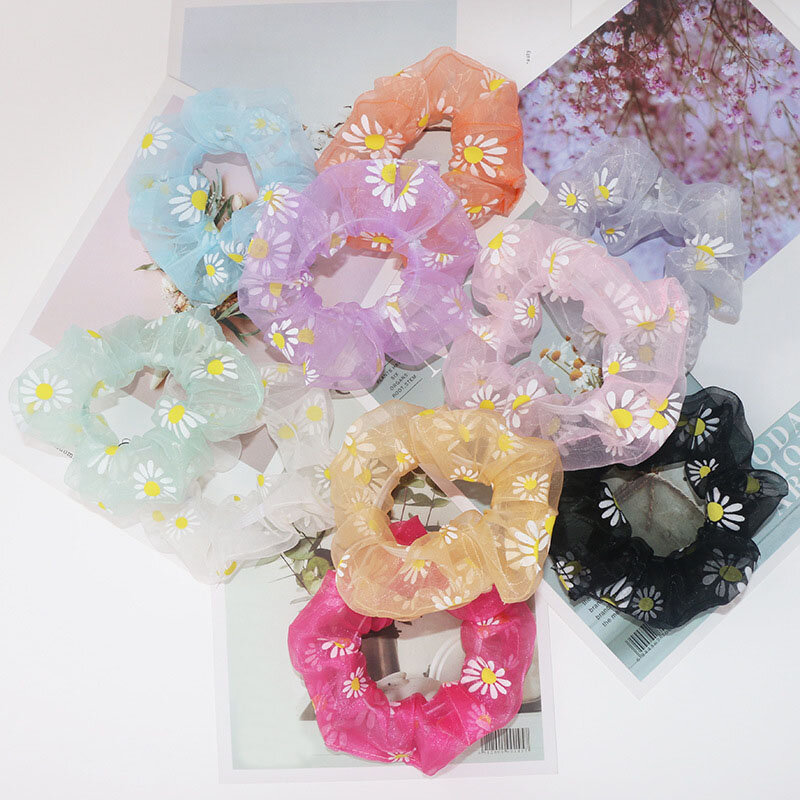 Sweet Embroidery Flowers Mesh Scrunchies Female Romantic Pink Blue Transparent Hair Rope Tulle Organza  Hair Accessories