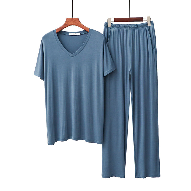 Spring Summer New Men's Solid Color Short-sleeved Trouser Suit Men Nightwear Casual Breathable Modal V-neck Loose Pajama Set