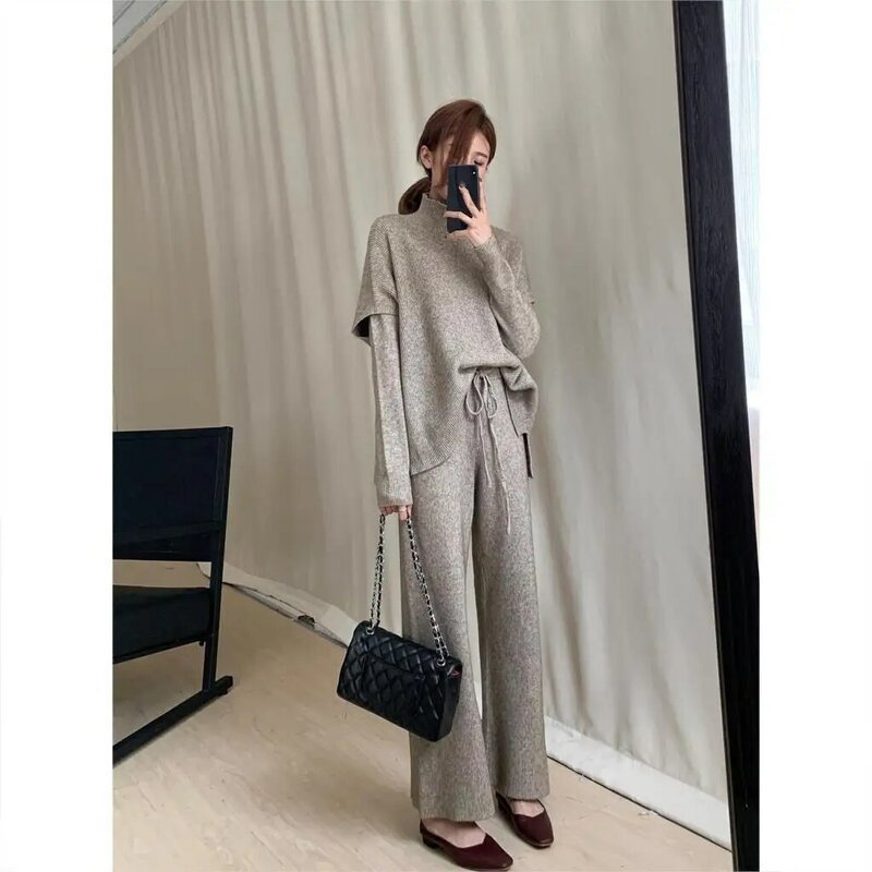 2021 Winter Women Sweater Suits and Sets Turtleneck Long Sleeve Knitted Sweaters Long Trousers 3 Pieces Set Winter