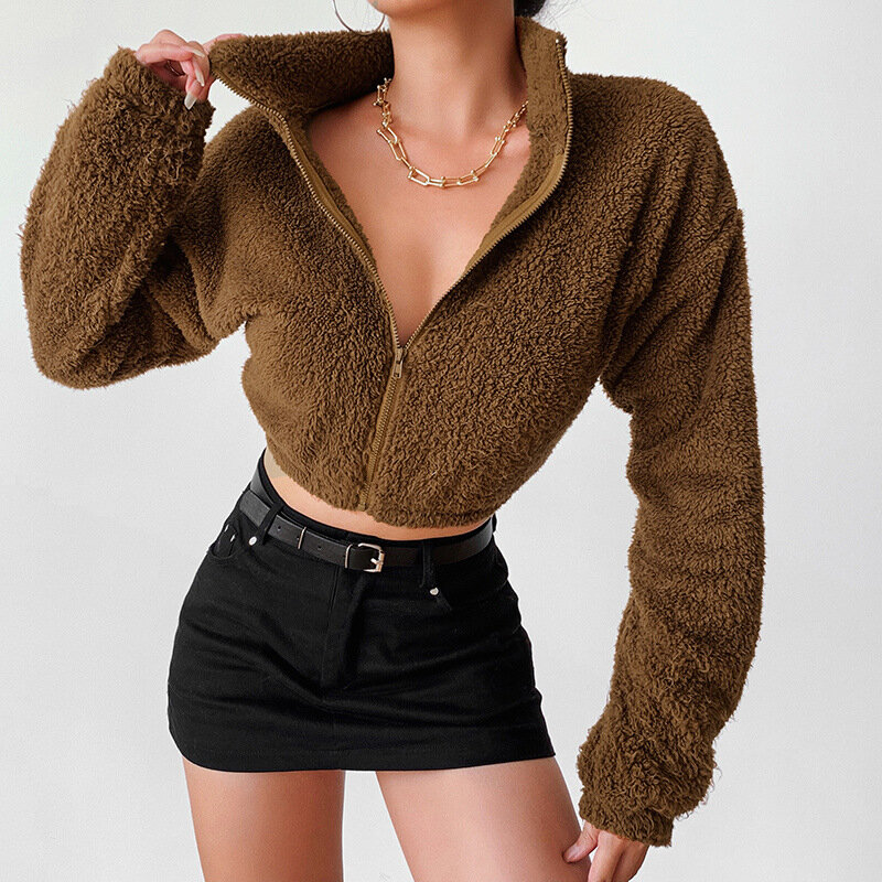 Brangdy-Chaqueta de manga larga para mujer, cárdigan de lana de cordero con cuello alto y cremallera, Color sólido, invierno, 2020