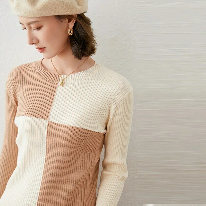 Autumn Winter New Color-Blocking Long-Sleeved Sweater Women's Round Neck Pullover Slim Short Paragraph Hit Color  Base All-Match