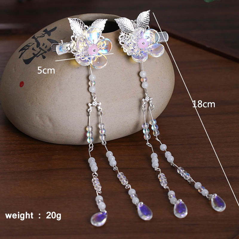 Chinese Style Sweet Big Colorful Flower Silver Leaves Decor Children Girl Hairpins Long Tassels Birthday Party Headwear BN