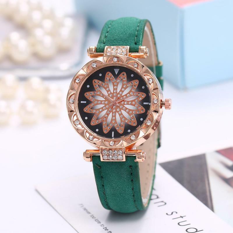 Relógio feminino visor céu estrelado, relógio de pulso pulseira de couro quartz ouro rosa