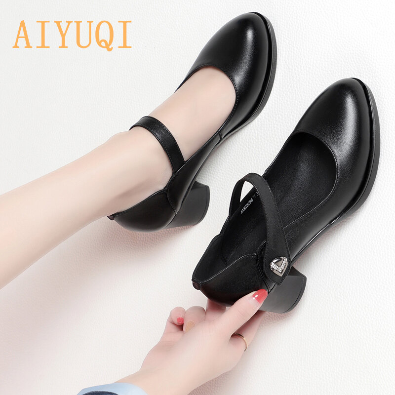 Aiyuqi senhoras sapatos primavera 2022 novo couro genuíno sapatos de salto alto mulher tamanho grande 41 42 dedo do pé redondo mary jane sapatos