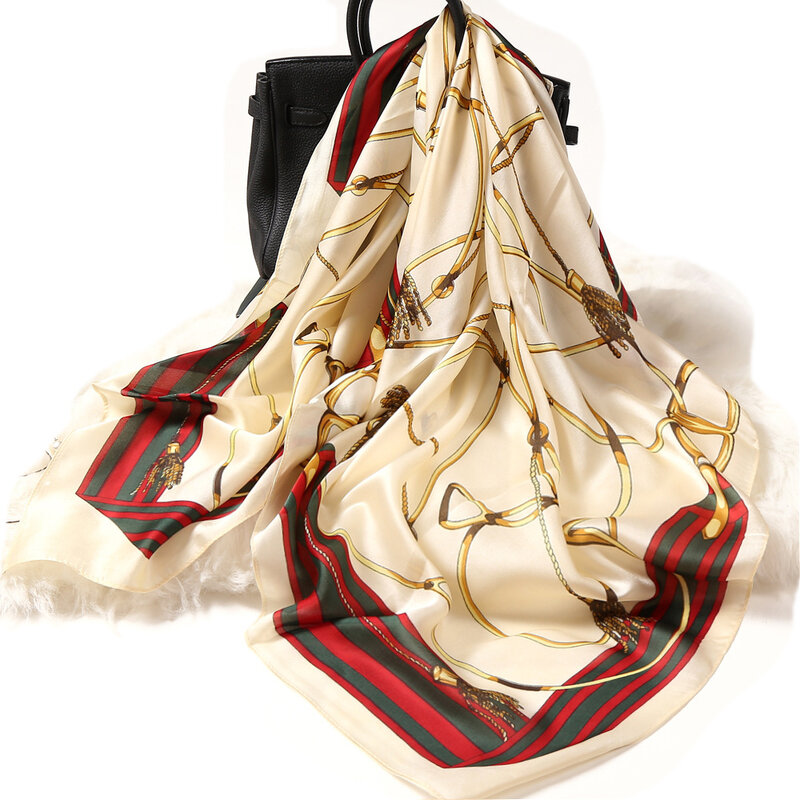 女性のためのレトロな正方形のシルクサテンスカーフ,髪の周りにストラップが付いた柔らかいヘアアクセサリー,90x90cm