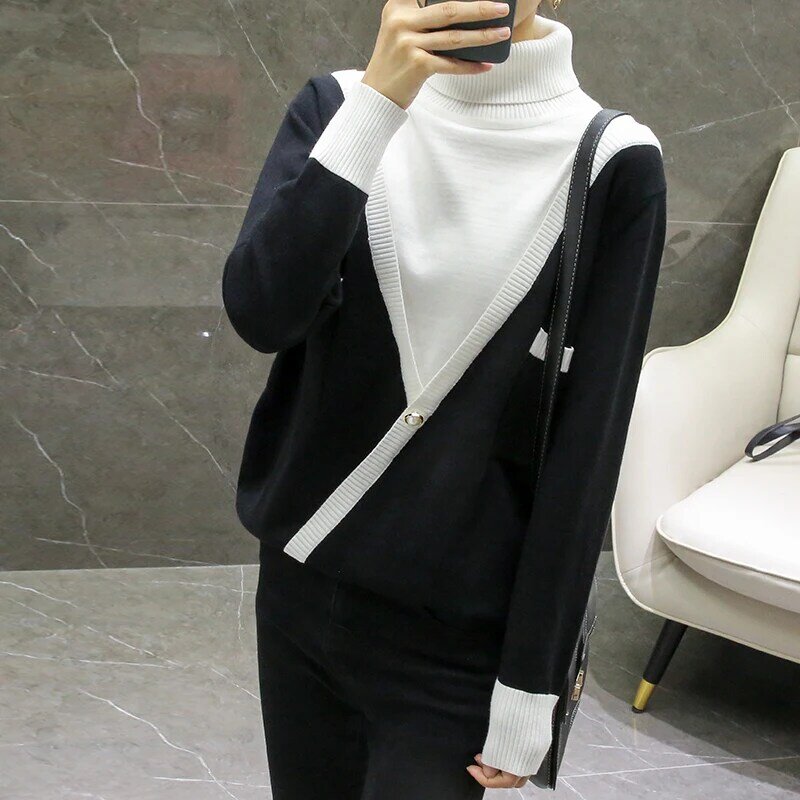 여성 스웨터 봄 가을 겨울 하이 넥 Bottoming Shirt 가짜 2 피스 캐주얼 게으른 니트 풀오버 Korean Color Matching
