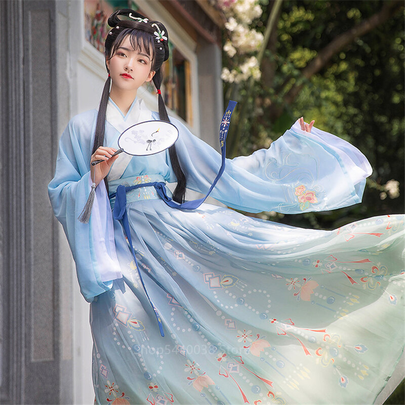 Hanfu roupa chinesa tradicional, roupa feminina para festival bordado roupa popular antiga para dança em palco