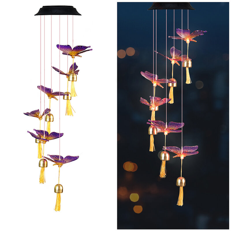 Solar Power LED Wind Bell, Lighting Solar Wind Chimes Butterfly-Shaped Solar Wind Chimes Decorating Windows Balconies (6 Bells)