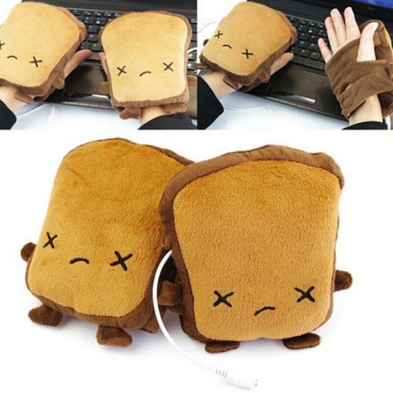 1 para Cute Cartoon Toast miękka ręka cieplej USB ogrzewanie rękawiczki bez palców Mitten