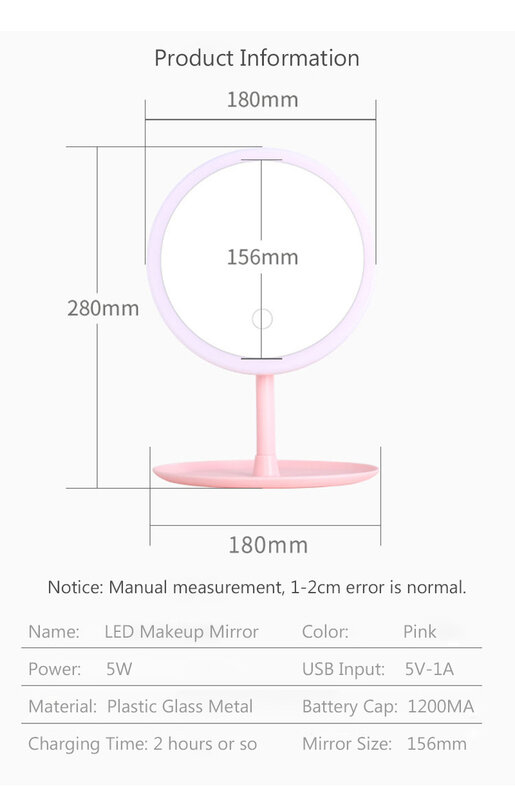 Đèn Led Gương Trang Điểm Lưu Trữ LED Mặt Gương Cảm Ứng Có Điều Chỉnh Đèn Mờ Led USB Vanity Hình Có Gương Soi Bàn Mỹ Phẩm Có Gương