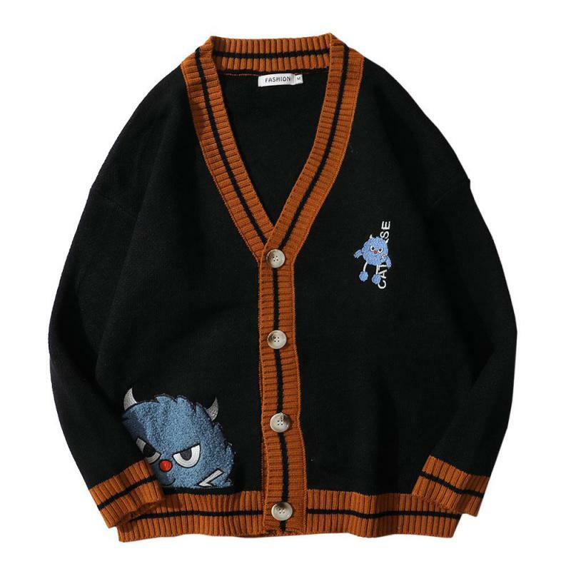 Flut Marke Mode Strickjacke Pullover 2021 Herbst Retro College Stil Teufel Cartoon Stickerei V-ausschnitt Mit Langen ärmeln Paar Jacke