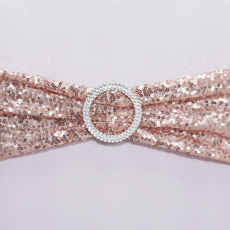 Bandas elásticas de lentejuelas brillantes de oro rosa de calidad con hebilla redonda para decoración de bodas, eventos, fiestas, fajas de LICRA para silla