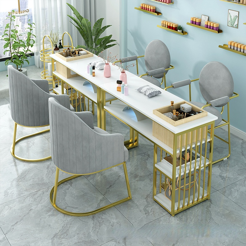 無垢材のネイルテーブルと椅子の2層,引き出し付きネイルテーブル,経済的なゴールドテーブルセット