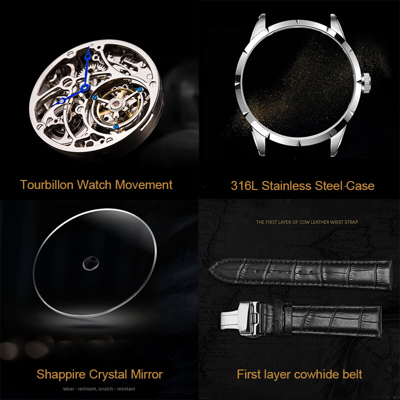 Ezopa 100% prawdziwy mechaniczny zegarek z tourbillonem Vintage skórzany Hollow Sapphire Star zegarek męski luksusowy zegarek 2021 Relogio Masculino