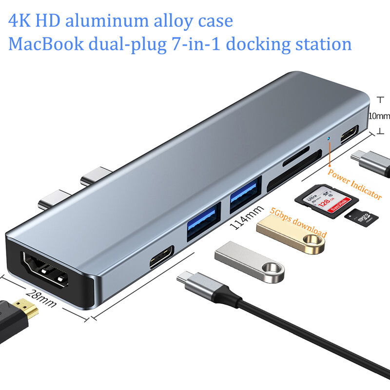 USB-хаб 7 в 1 для MacBook, совместимый с USB 3,0 Type-C и HDMI