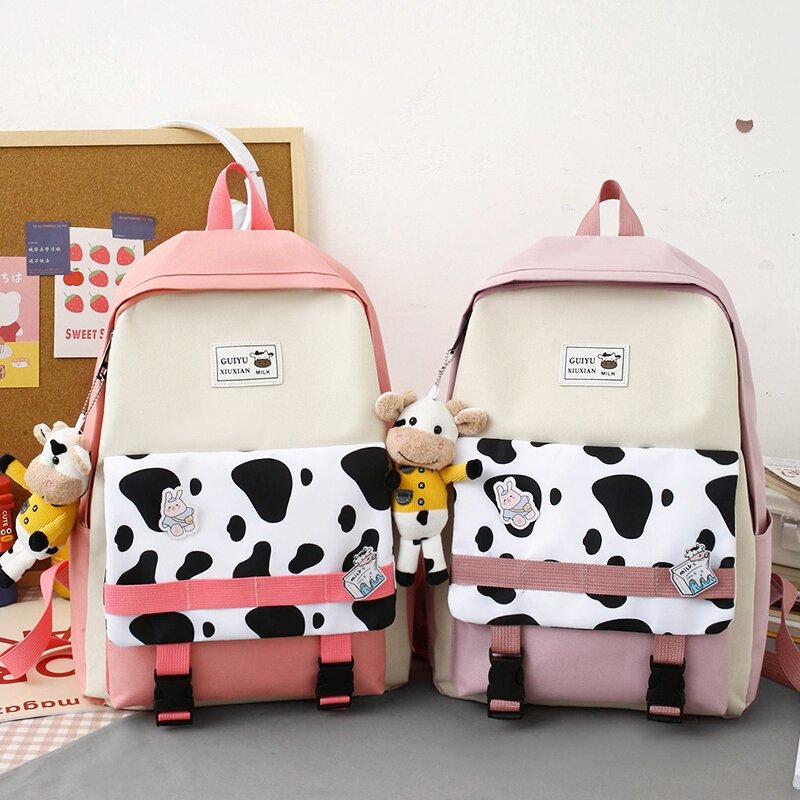2021 novo leite vaca impressão sacos de escola das mulheres à prova dwaterproof água náilon mochila feminina grande capacidade bolsa viagem sacos da menina coreana