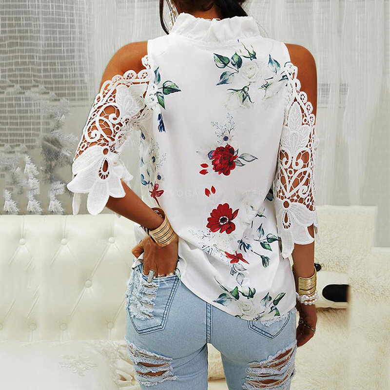 Spring And Summer New Women's Blouse, Flower Print Off-shoulder Lace Stitching Long-sleeved T-shirt Women Casual Loose Shirt XL