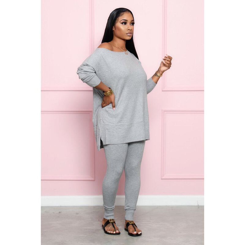 Ursuper 2021 New Fashion Two-piece Casual Solid Off Shoulder Women Pant Set Full Pullover Ladies