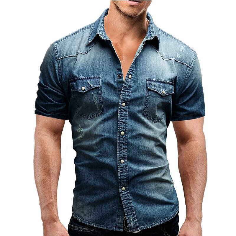 2021 Men Spring Summer Denim Thin Shirt Short Sleeve Soft Cotton Two Pockets Slim Slight Elastic Jeans Cowboy Shirt Clothing