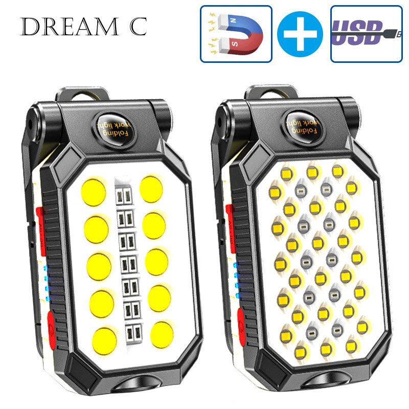 COB Work Light Portable LED Flashlight USB Rechargeable Adjustable Waterproof Camping Lantern Magnet Design with Power Display