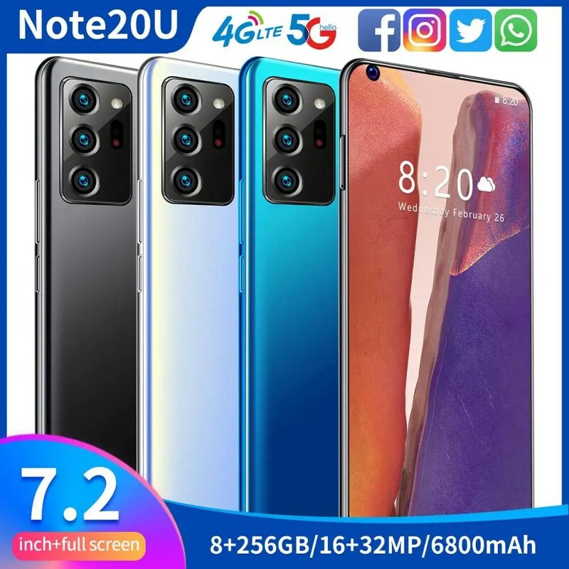 Newest 7.2 Inch Note20U Cell Phone Four Cameras Snapdragon 855 Plus 8GB 256GB Deca Core Big Screen 5G 6800mAh Battery Smartphone