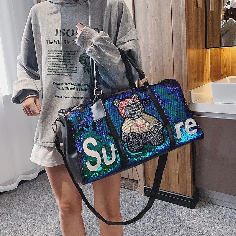 Дорожная сумка YILIAN с блестками, женская сумка на одно плечо, модная вместительная сумка для спортзала с разделением сухой и влажной кожи