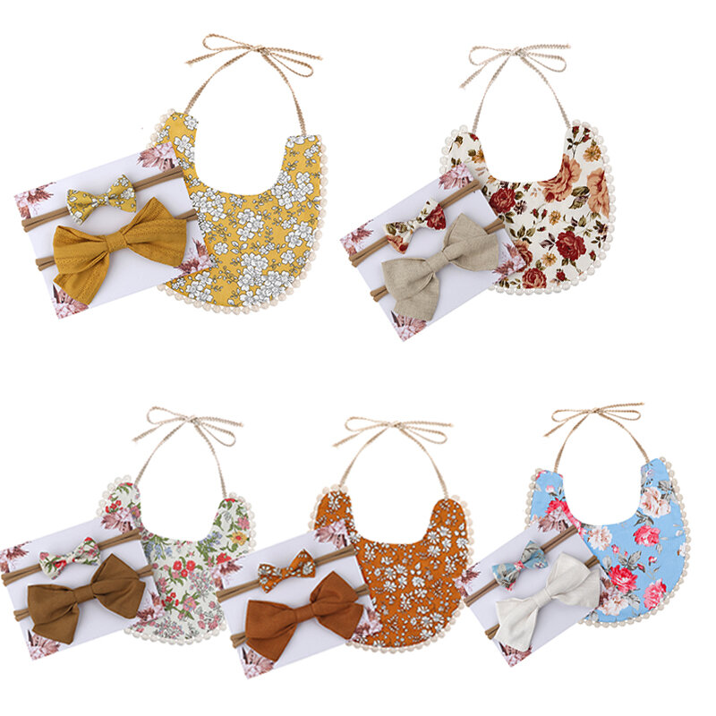 蝶ネクタイ付きのヘアバンド,赤ちゃんのための両面レースタオル付きの花柄のコットンタオル,ベビーシャワーギフト