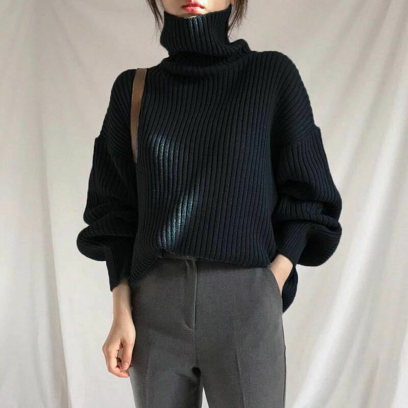 Vintage Thicken Striped Women Sweaters Autumn Winter Turtleneck Pullovers Jumpers Female Korean Knitted Tops women 2021