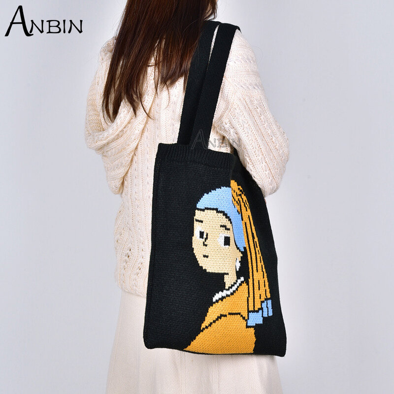 Bolso de hombro clásico tejido de lana para mujer, bolsa de mano con patrón de chica, estilo Anime, informal, de gran capacidad, ideal para ir de compras y de viaje