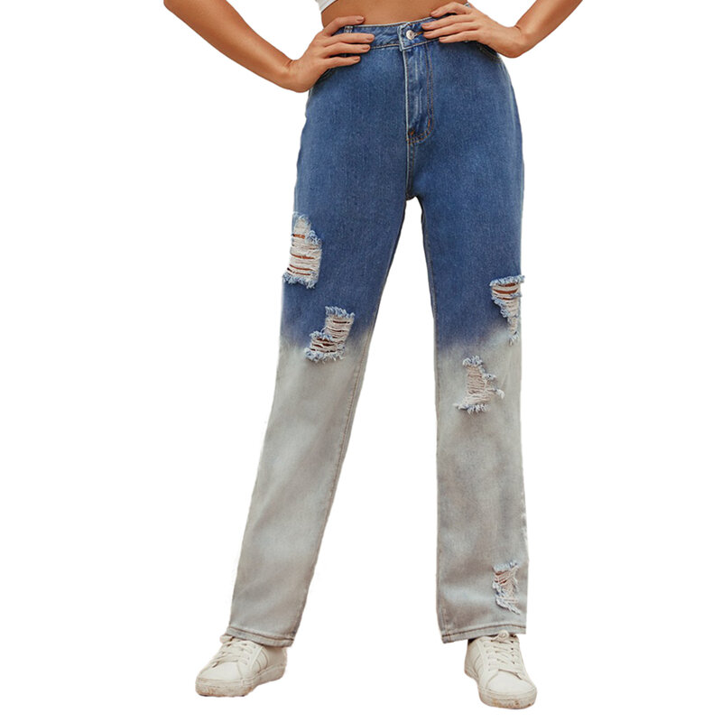 DIFIUPAI Womens Pants Vantage 찢어진 바지 High Rise 허리 스트레치 대비 색 데님 Long Straight-leg Jeans Blue