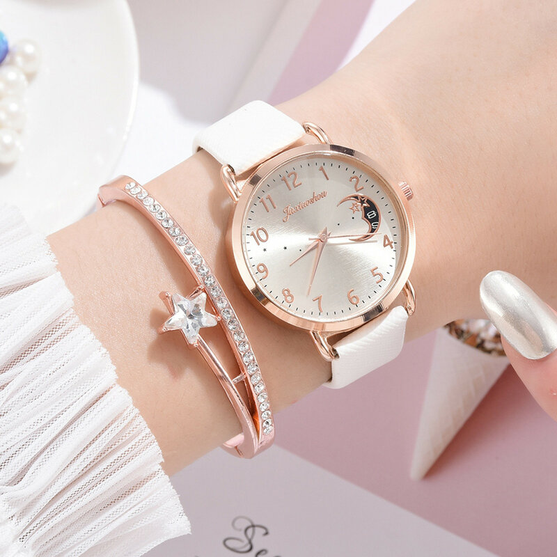 Комплект кварцевых часов, новинка, модные женские часы с кожаным ремешком и браслетом из нержавеющей стали