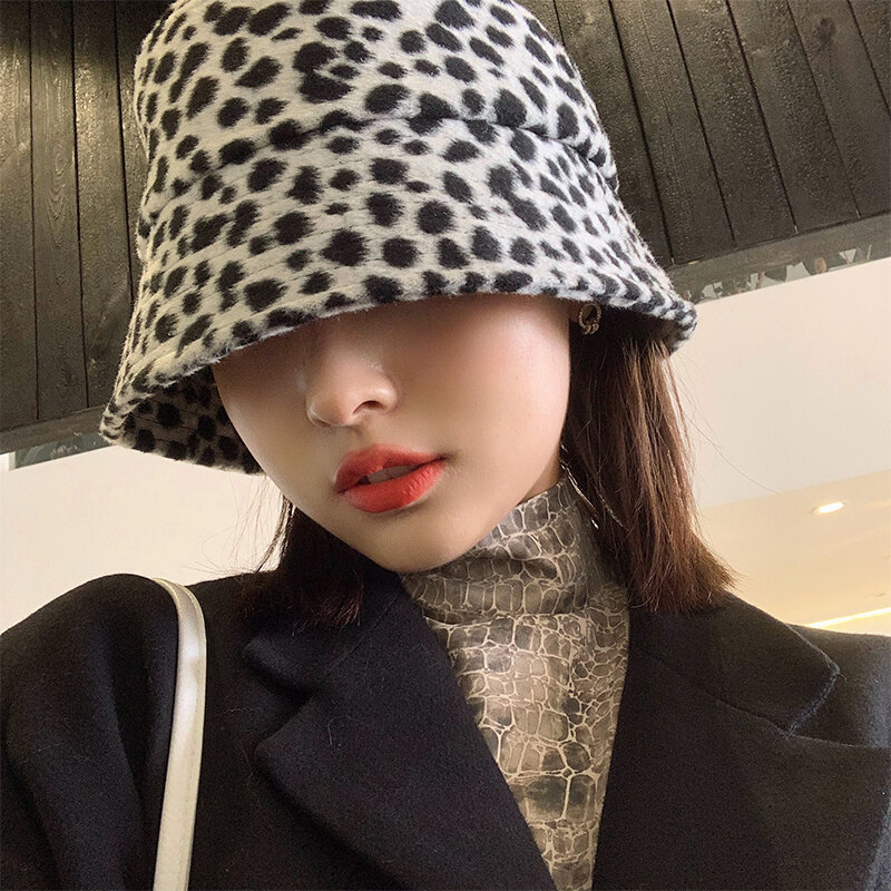 푹신한 레오파드 버킷 모자 어린이 Qiuqiu 겨울 한국 스타일 다목적 일본 패션 브랜드 버킷 모자 다투 웨이 버킷 모자
