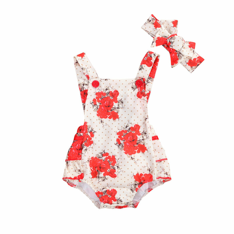 2020 Summer Baby Girls Outfits Sleeveless Square Collar Floral Print Romper Suspender Jumpsuit + Headband 3-24M Toddler Clothing