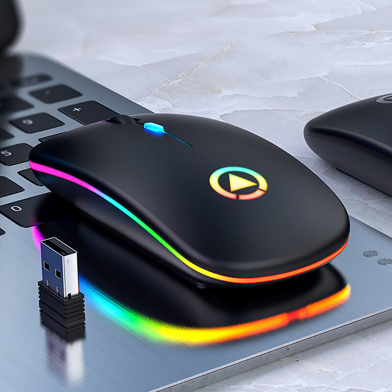 Ratón inalámbrico RGB con Bluetooth para juegos, Mouse ergonómico recargable silencioso con retroiluminado con LED USB para PC y portátil