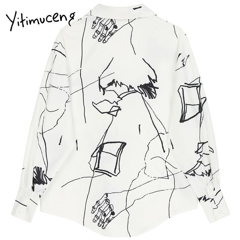 Yitimuceng Print Blouse Women Button Shirts Loose New White Spring 2021 Fashion Turn-down Collar Long Sleeve Office Lady Tops