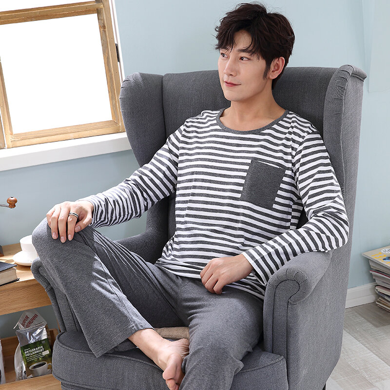 Pijama masculino de manga longa, conjunto de roupa para dormir casual com fundo de algodão para homens, outono 2021