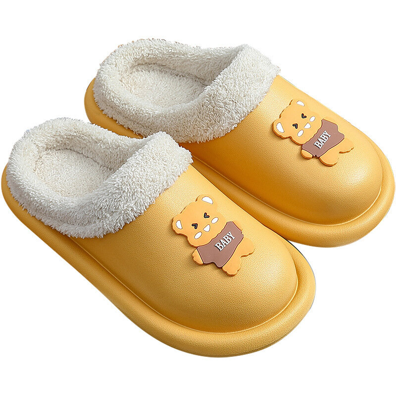 Zapatillas de algodón impermeables para mujer, pantuflas impermeables con dibujos de oso para interiores, cálidas, de felpa, Mal, para invierno
