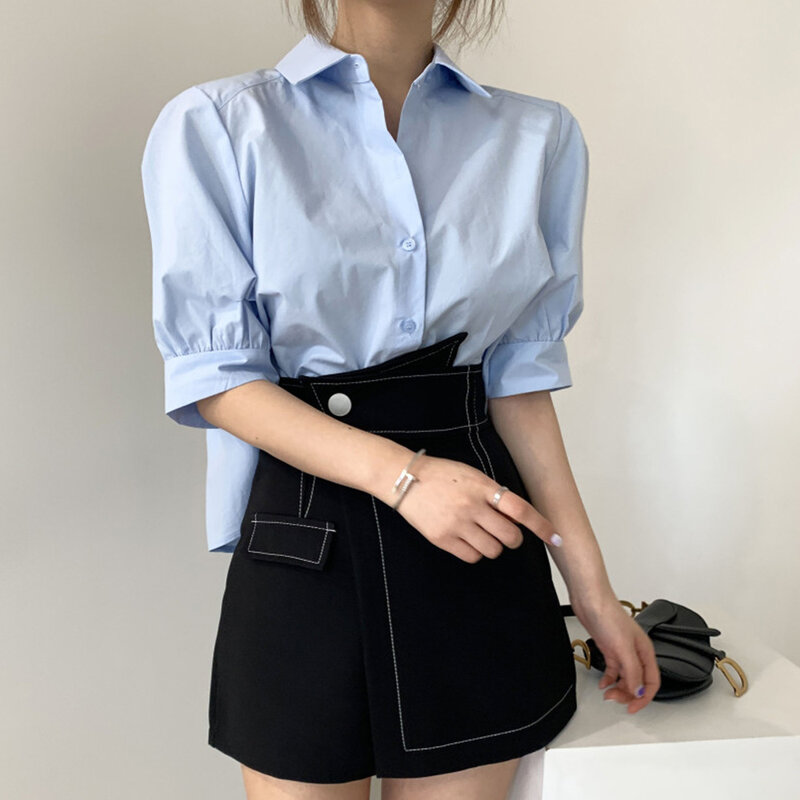 2021 여름 신상품 한국 패션 여성 뒤에 주름 디자인 짧은 블라우스 단색 라펠 싱글 브레스트 슬리브 캐주얼
