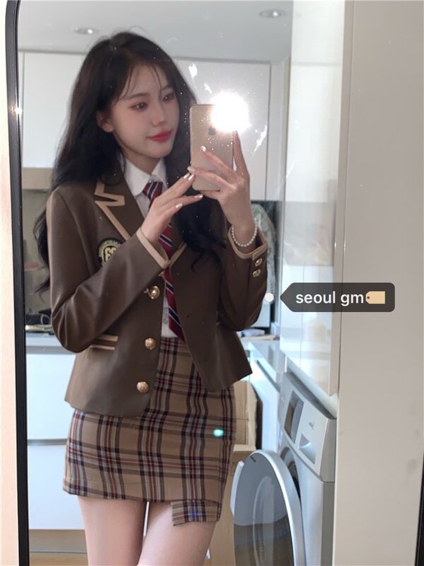 Korean Schoolgirl Skirt Suit White Shirt Pleated Skirt College Style Aging Suit Coat Female