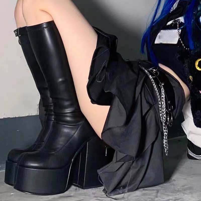 Termainoov-bottes à plateforme épaisse pour femmes, talons hauts, grande taille 43, bottes d'hiver noires, hauteur du genou, fermeture éclair, chaussures de soirée